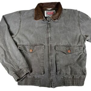 M. Julian Adventures Mens 36 Gray Canvas Bomber Jacket Leather Collar Distressed